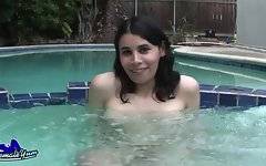 Sarah Webb is a hot fresh faced tgirl with a sexy body, big tits, a nice round ass and a rock hard uncut cock! See this horny tgirl getting naked and fooling around in the pool as she strokes her hard cock!